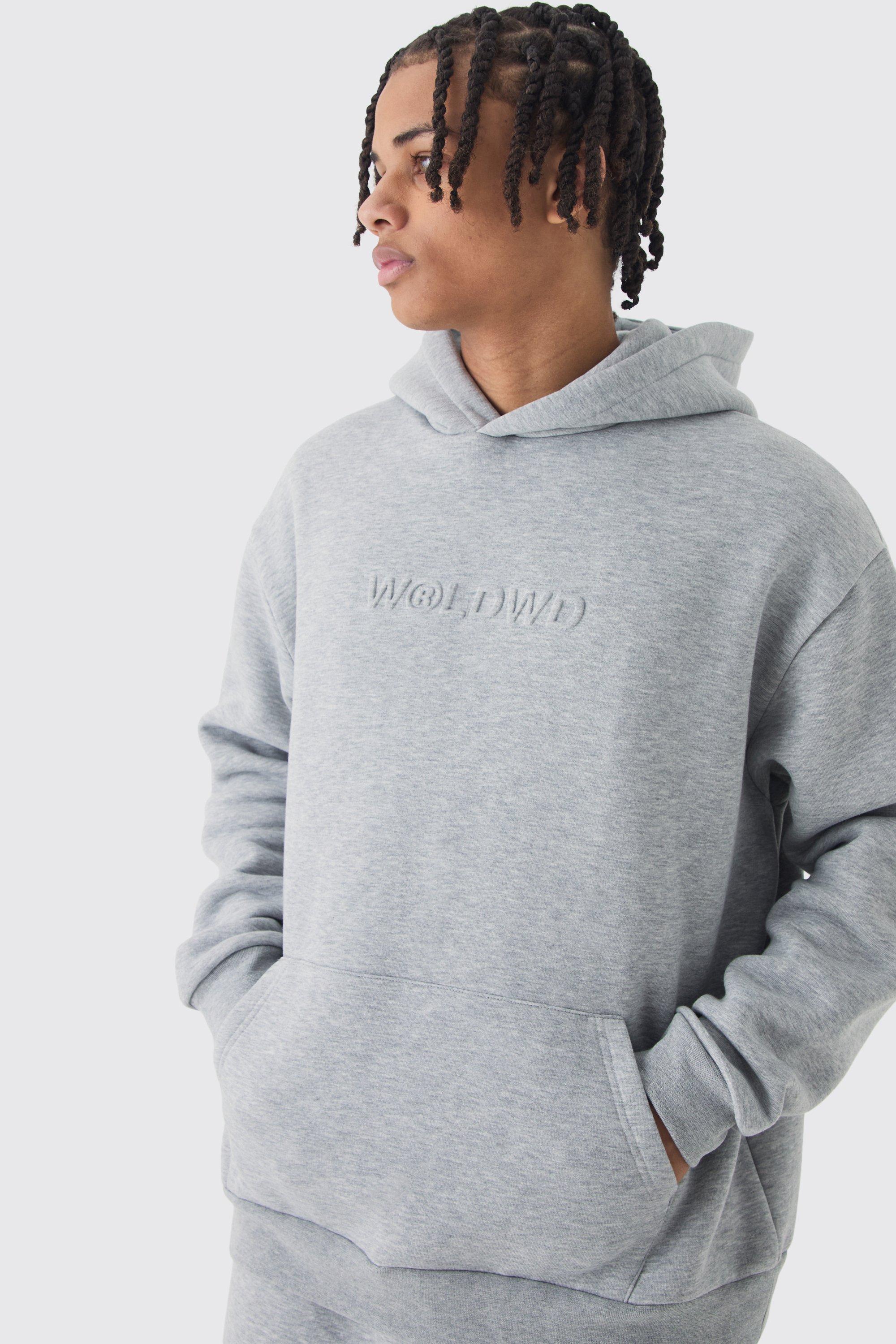 Mens Grey Oversized Embossed Worldwide Hoodie, Grey